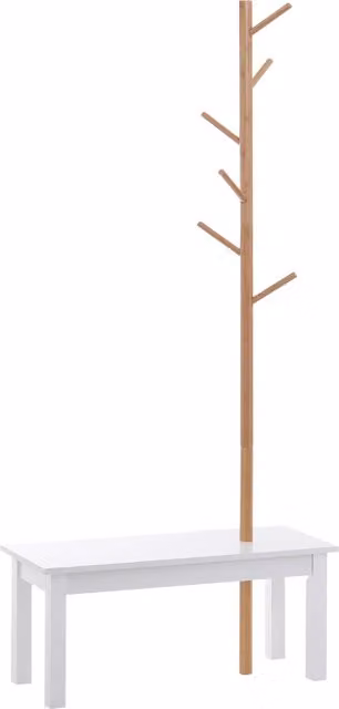 Appendiabiti HOMCOM con 6 ganci e panca integrata in bambù, colore bianco legno, L 80 x P 30 x H 180 cm