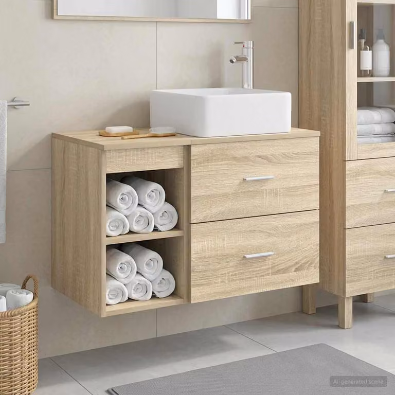 Set di mobili per il bagno moderno vidaXL composto da mobile lavabo e pensile a parete in MDF, colore marrone e beige