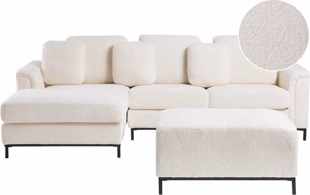 Divano angolare Beliani in tessuto bouclé bianco a 5 posti con pouf coordinato, versione destra a forma di L, L/P/H: 270 x 151 x 96 cm