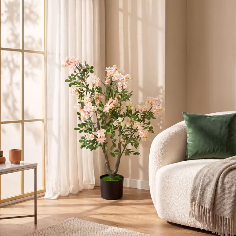 Albero artificiale con fiori di impatiens Costway, pianta finta verde e rosa con vaso in cemento per interno ed esterno, Altezza: 90 cm