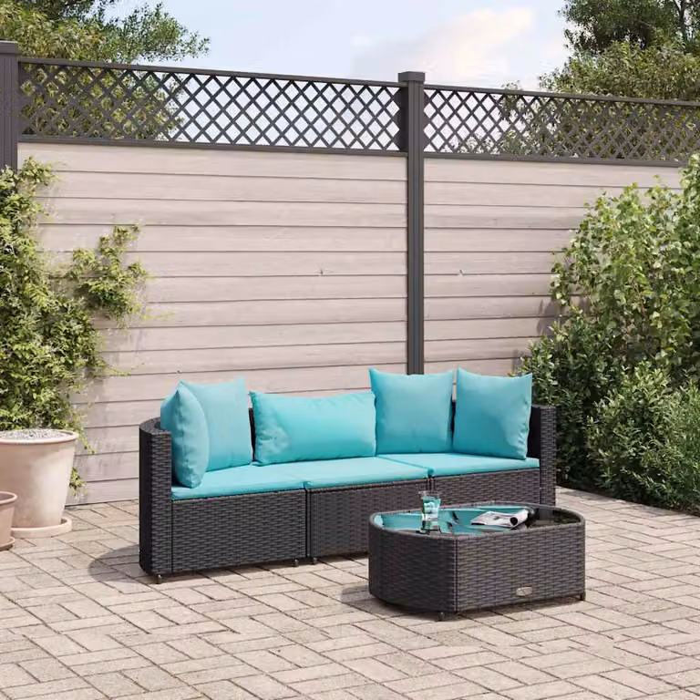 Set Divano da Giardino a L vidaXL con Tavolino e Cuscini, Struttura in Metallo e Polyrattan, Colore Nero/Blu/Turchese