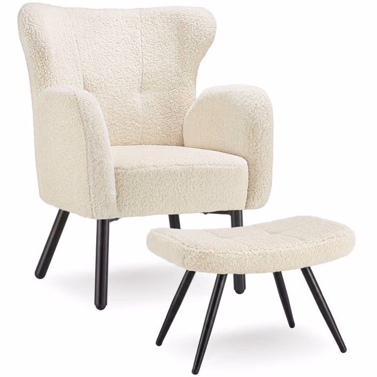 Poltrona con poggiapiedi integrato Tectake in tessuto Bouclé stile scandinavo, Bianco/Nero, L: 92 cm, P: 72 cm, H: 71 cm