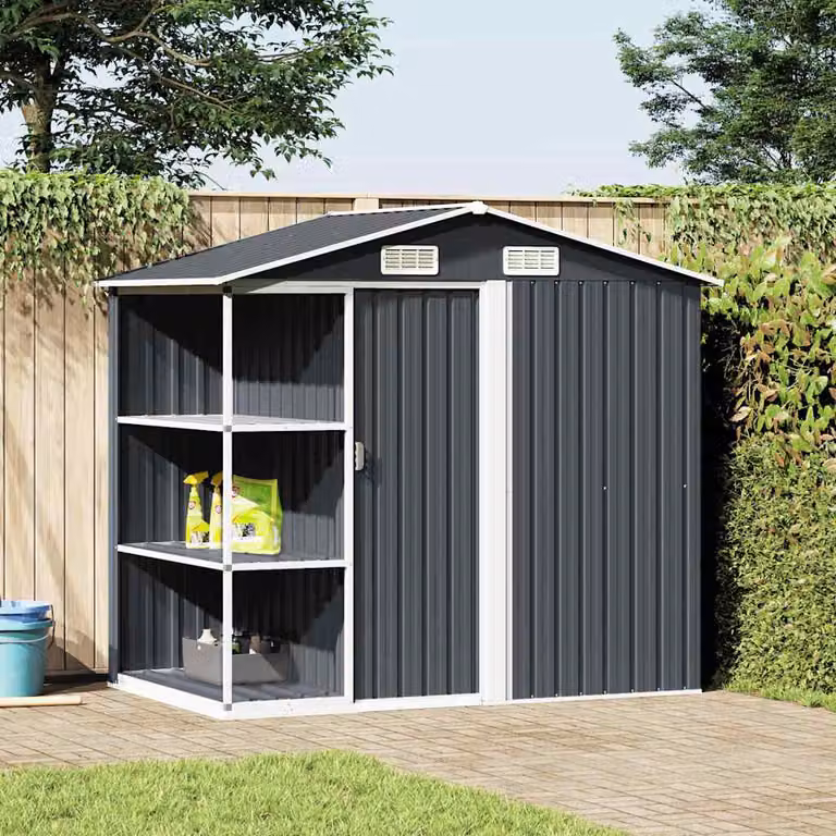 vidaXL Capanno da Giardino in Acciaio Zincato con Scaffali e Porte Scorrevoli, Antracite, L 205 x P 130 x H 183 cm