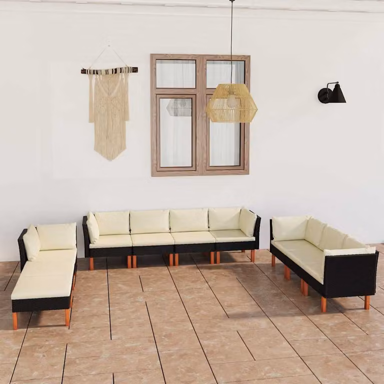 vidaXL Set Divani da Giardino 10 pz in Polyrattan Nero con Cuscini e Rivestimenti Rimovibili