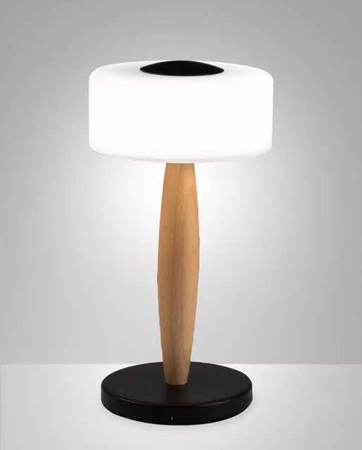 Lampada da tavolo Elea Fabas con LED da 8W, 860lm, 3000K, struttura in metallo, legno e vetro soffiato, dimmerabile con regolazione touch, Colore Nero