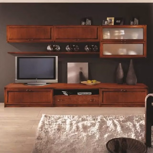 Parete attrezzata porta tv classica Bassano in legno di pino color marrone Mobili 2G L: 315 cm, P: 36/60 cm, H: 220 cm
