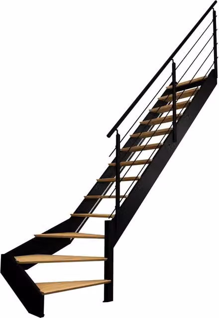 Scala Spectra BURGER a 1/4 di giro con corrimano a destra, struttura in alluminio nero e gradini in legno rovere o faggio