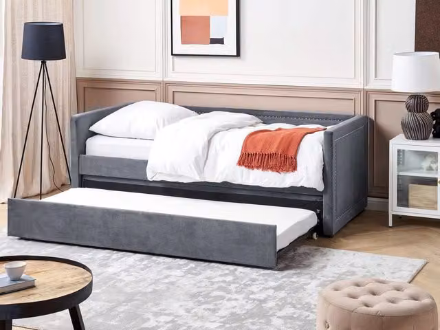 Letto da giorno estraibile BELIANI in velluto a coste grigio con rete a doghe e testiera decorata L/P/H: 200 x 90 x 84 cm