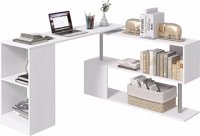 Scrivania angolare moderna HOMCOM con piano girevole e libreria, colore bianco, L: 140 cm, P: 120 cm, H: 78 cm