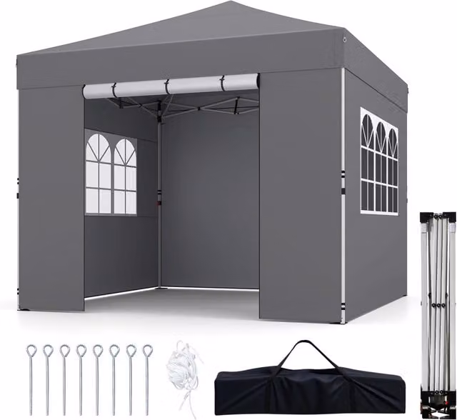 Gazebo pieghevole da esterno in poliestere con pareti laterali rimovibili e finestre, tendone da giardino Grigio L: 300 cm, P: 300 cm, H: 284 cm