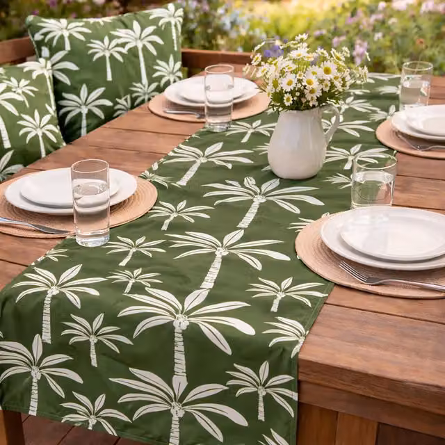 Runner da esterno KASANOVA con motivo floreale di palme, verde e bianco, L: 130 cm, P: 40 cm