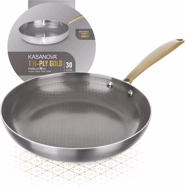 Padella Kasanova Tri Ply in ceramica e acciaio inossidabile, colore Gold, Diametro: 30 cm