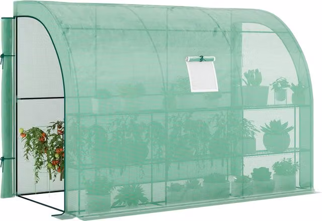 Serra da giardino Outsunny con 3 piani, porte a rullo e copertura in plastica resistente ai raggi UV, Verde, L: 300 cm, P: 150 cm, H: 213 cm