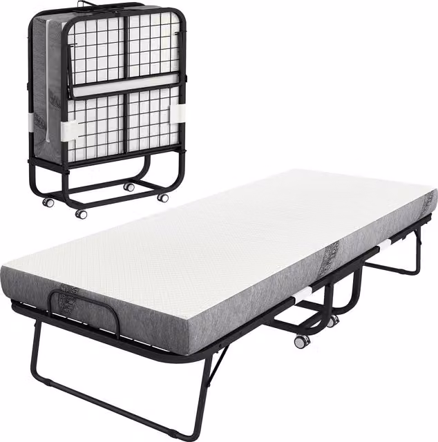Letto pieghevole con materasso HOMCOM, letto supplementare portatile su ruote con telaio in acciaio e rivestimento in tessuto, Bianco, L 80 cm x P 200 cm