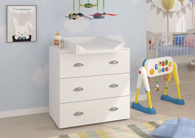 Cassettiera per bambini Bim Furniture MIA con fasciatoio rimovibile, 3 cassetti, Bianco opaco, L 80 cm x P 71,8 cm x H 90 cm