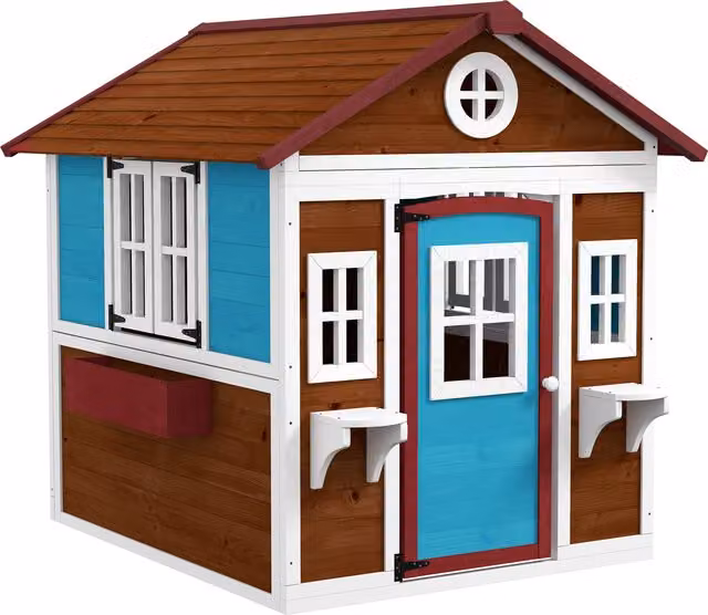 Casetta in legno per bambini Outsunny con porte, finestre, fioriere e ripiani, marrone scuro e dettagli multicolore, L 114 x P 126,4 x H 135 cm