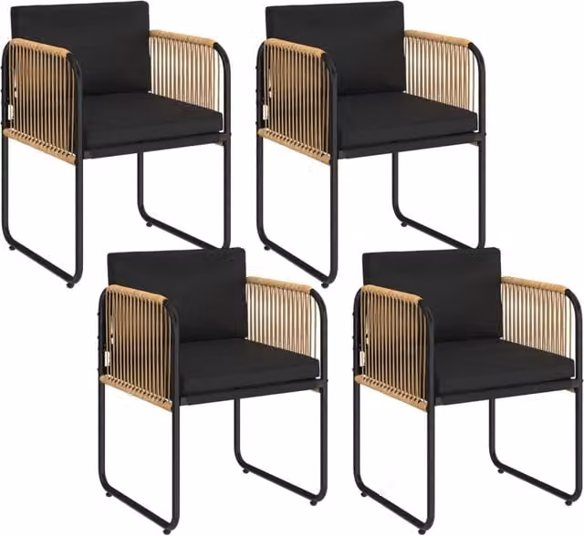 Set di 4 sedie da giardino RIO IDMarket con struttura in metallo nero, cordoncino effetto rattan beige e cuscini neri