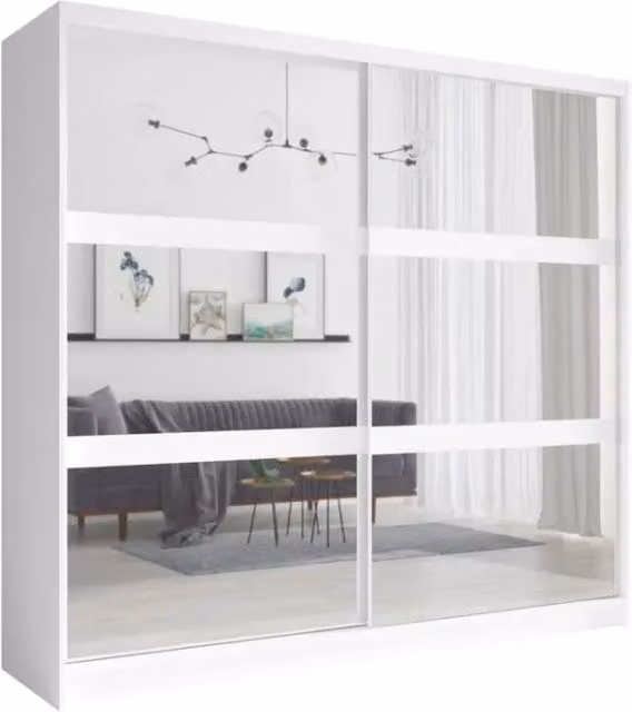 Armadio moderno Meublorama con 2 ante scorrevoli e specchio, bianco, L: 230 cm, H: 223 cm, P: 62 cm