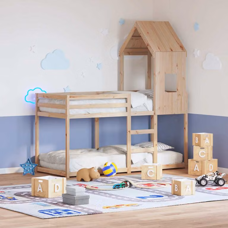 Letto a Castello con Tetto per Bambini vidaXL in Legno Massello di Pino, Marrone, L 80 x P 200 cm