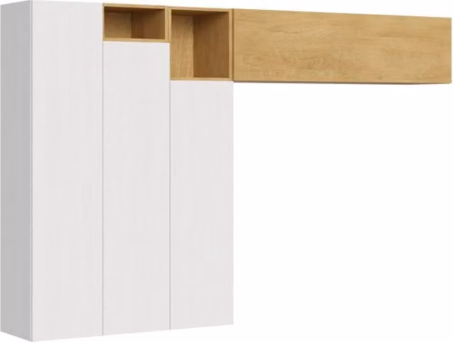 Composizione parete soggiorno moderna Itamoby A22 bianca con ante a battente e mensole aperte L: 274 cm, H: 173,6 cm, P: 39,2 cm