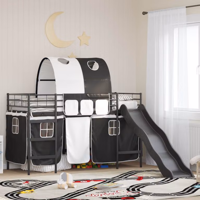 Letto a castello moderno vidaXL per bambini con struttura a casetta e scala, metallo, Nero, L/P/H: 190 x 90 x 194 cm