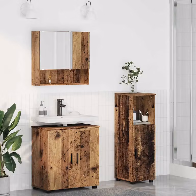 Set di mobili per il bagno moderno vidaXL in legno e metallo marrone, composto da mobile lavabo, armadietto con specchio e colonna, L/P/H: 61 x 35 x 64 cm