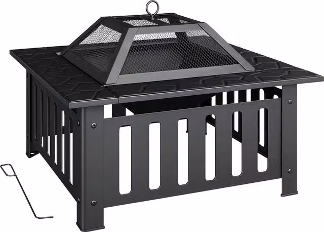 Braciere da esterno Outsunny in acciaio nero con coperchio a rete e attizzatoio L/P/H: 67 x 67 x 47 cm