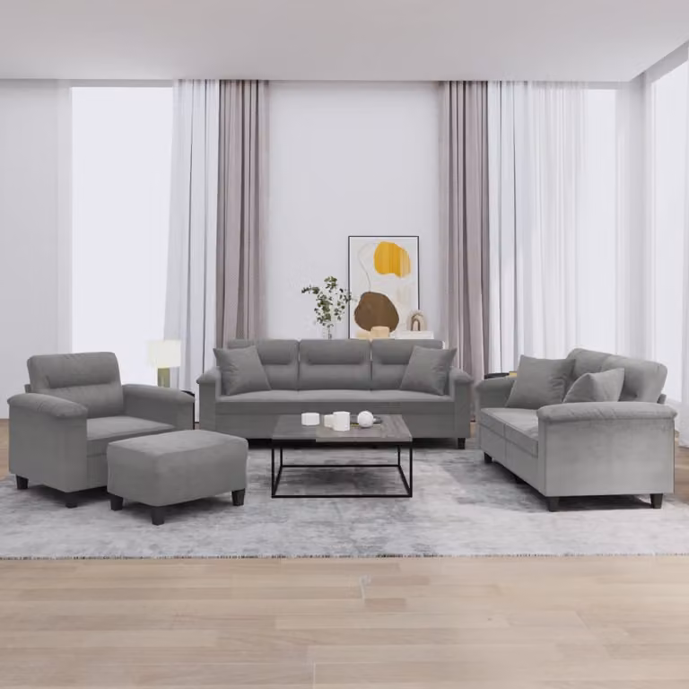 Set di divani vidaXL 4 pezzi in microfibra grigia con pouf e cuscini per soggiorno
