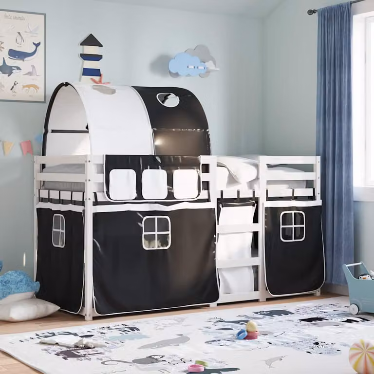 Letto a Castello vidaXL in Legno di Pino per Bambini, Bianco e Nero, L/P/H: 200 x 80 x 160 cm
