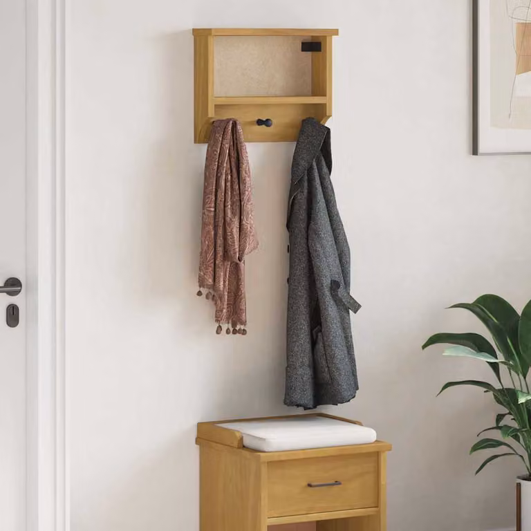 vidaXL Appendiabiti da Parete SANDNES in Legno di Pino Marrone con Ganci, L 45 cm, P 12 cm, H 35 cm