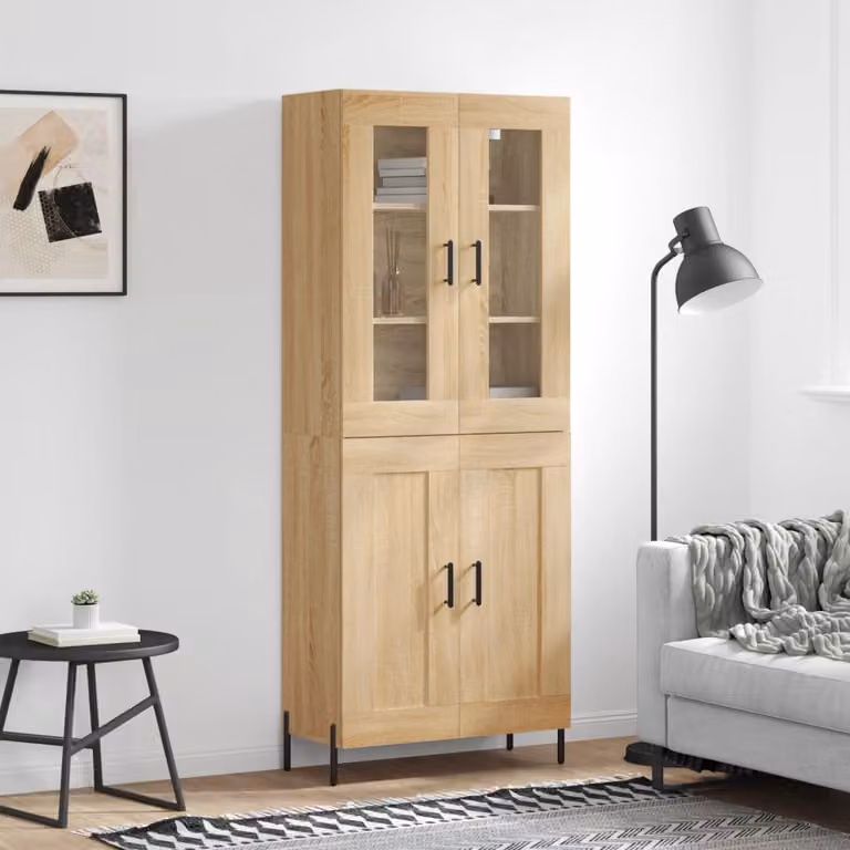 Credenza moderna vidaXL in rovere con ante in vetro e ripiani interni, colore marrone, L: 69,5 cm, P: 34 cm, H: 180 cm