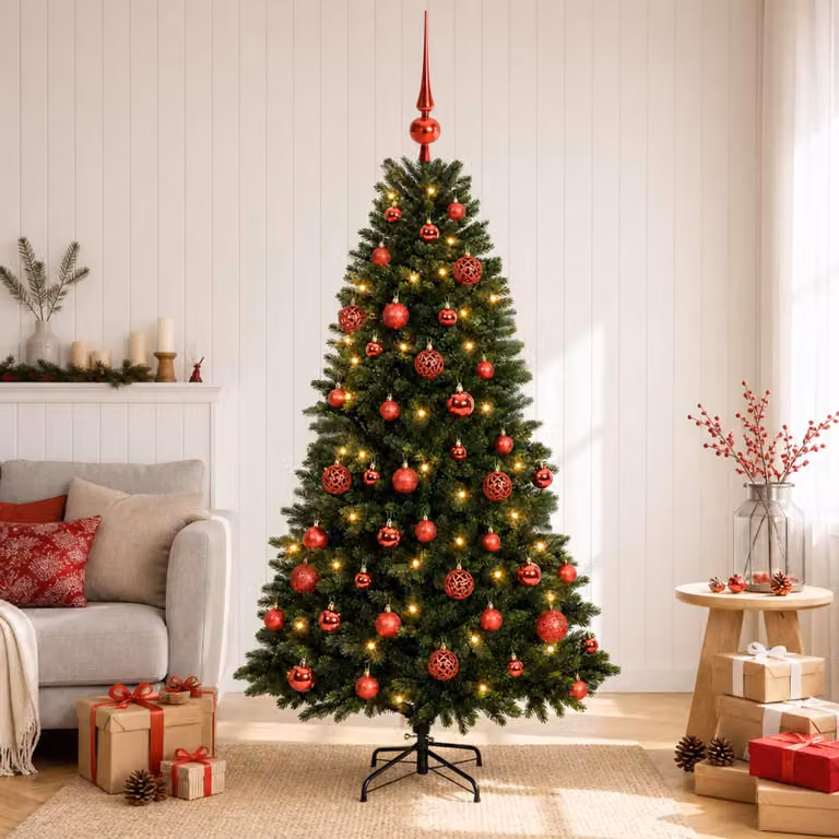 Albero di Natale artificiale verde vidaXL con 150 LED luce bianca calda e decorazioni, Altezza: 120 cm