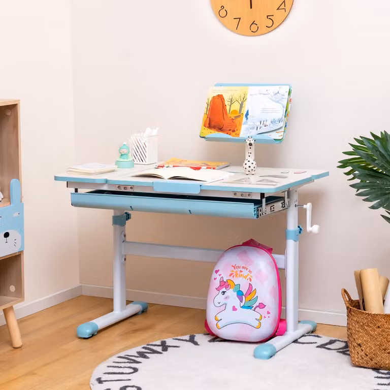 Scrivania per bambini Costway con piano inclinabile e altezza regolabile, Azzurro
