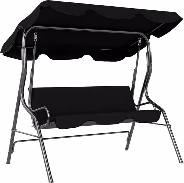 Dondolo da giardino per 3 adulti con tettuccio regolabile e cuscini inclusi, in acciaio verniciato a polvere e poliestere resistente ai raggi UV, Nero, L: 170 cm, P: 110 cm, H: 153 cm