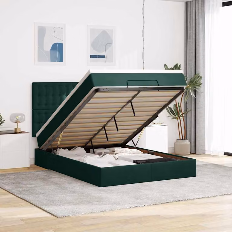 Letto con contenitore e materasso vidaXL in velluto verde e bianco, L/P/H: 193 x 144 x 128 cm con base a sollevamento, illuminazione sottostante e porta USB