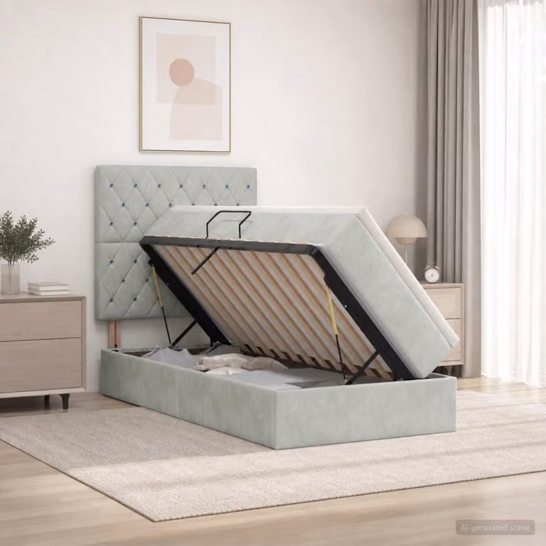 vidaXL Letto con contenitore e materasso in tessuto Grigio, L 100 x P 200 cm, con base a sollevamento e illuminazione sottostante