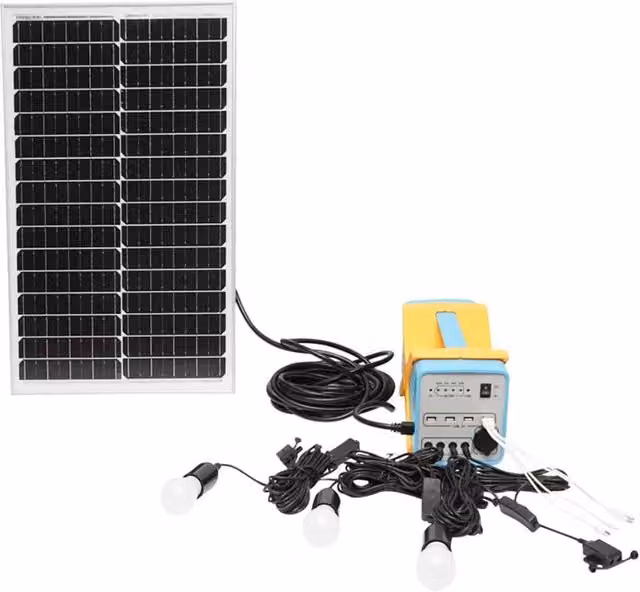 Sistema di illuminazione solare Breckner Germany con batteria LiFePo4 12,8V/12Ah, 3 lampadine LED 3W/12V e 4 uscite USB 5V, colore bianco e giallo