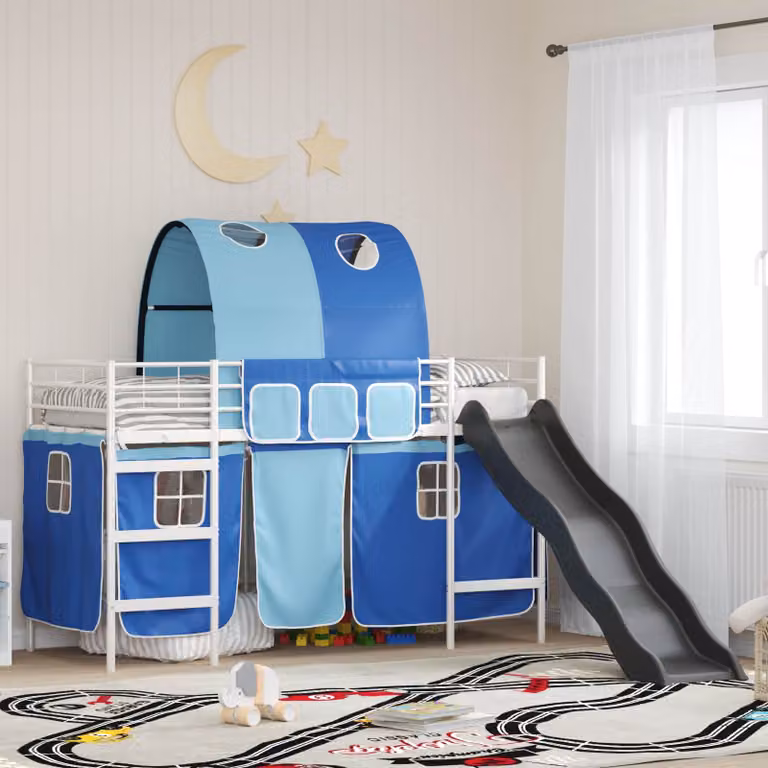 vidaXL Letto a castello per bambini con struttura a casetta e scala, Bianco, Blu e Nero, L/P/H: 90 x 190 x 116 cm
