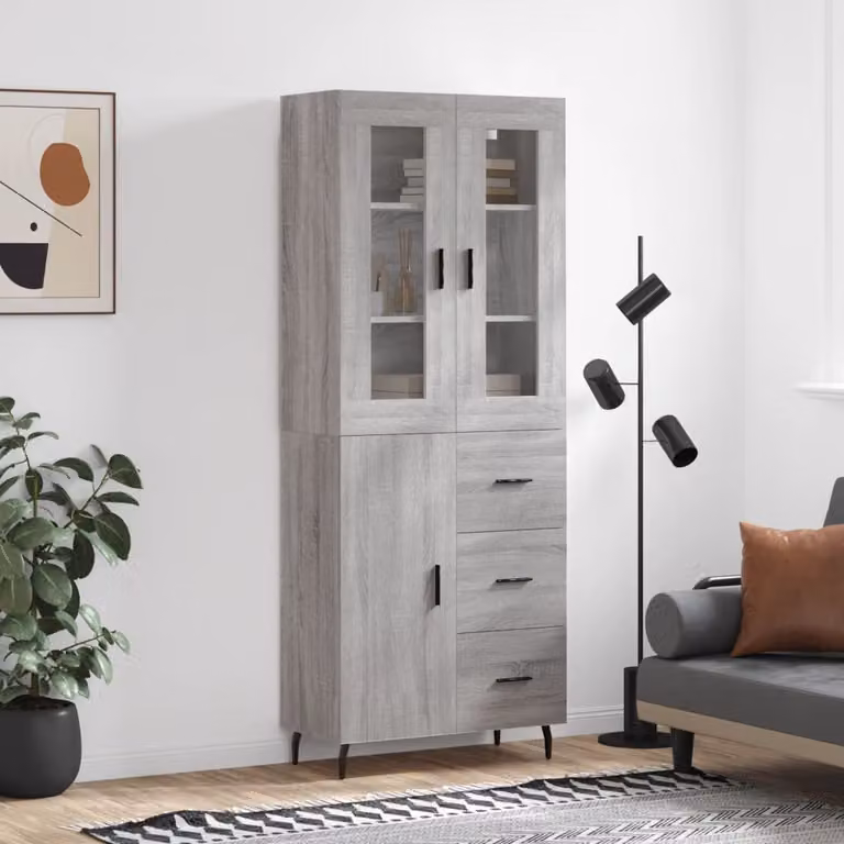 Credenza moderna vidaXL in legno multistrato e vetro, Grigio Sonoma, L: 69,5 cm, P: 34 cm, H: 180 cm