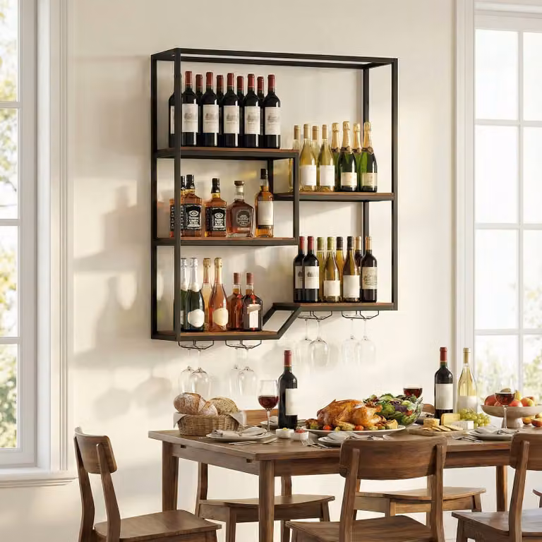 Costway Scaffale Sospeso a Parete in Metallo Stile Industriale per Cucina e Sala da Pranzo, Colore Nero e Marrone