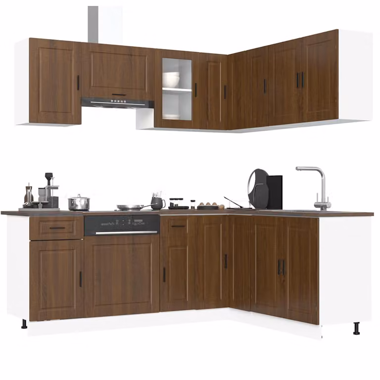Set di mobili da cucina moderno vidaXL composto da 11 pezzi in rovere marrone con ante a cerniera e ripiani aperti