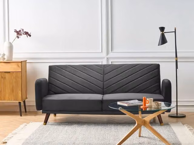 Divano Letto Moderno Beliani in Velluto Nero con Funzione Click-Clack e Poggiatesta Regolabile per Soggiorno, L: 198 cm, P: 87 cm, H: 95 cm