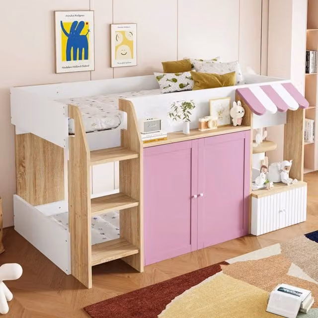 Letto a soppalco per bambini OKWISH con struttura a casetta, scala, ripiani e vano aperto, legno e MDF, rosa e bianco, L/P/H: 200 x 90 x 178,7 cm