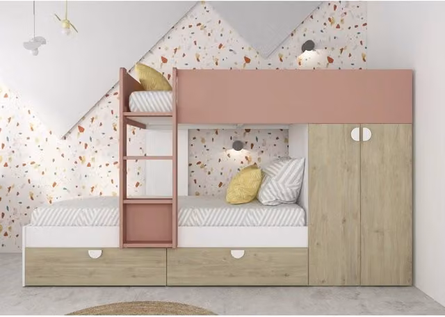 Letto a castello per bambini in rovere e rosa con armadio a 2 ante, cassetti e scala, L/P/H: 190 x 90 x 163,8 cm