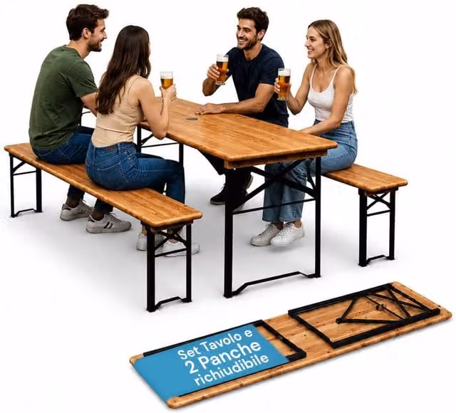 Set da giardino Zendea composto da tavolo rettangolare e 2 panche pieghevoli in legno marrone con struttura in acciaio verniciato a polvere e foro per ombrellone