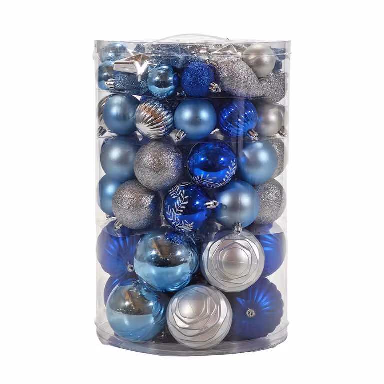 Set di 82 decorazioni natalizie Vestiamo Casa in blu celeste e argento con palline, stelle e addobbi geometrici in plastica