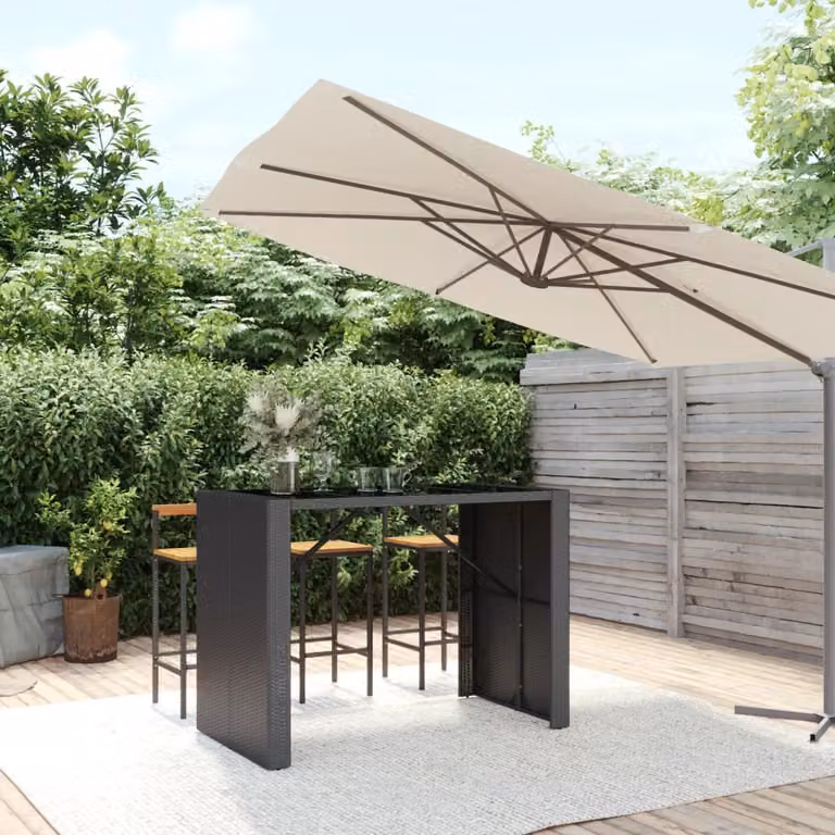 vidaXL Tavolo Bar Moderno in Polyrattan con Piano in Vetro Nero L: 145 cm, P: 80 cm, H: 110 cm