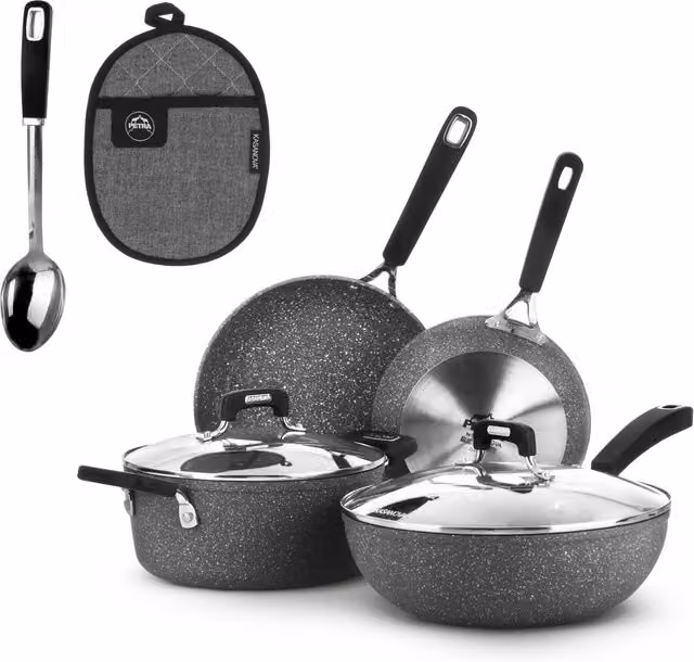 Set di pentole e padelle Kasanova New Petra Dark da 8 pezzi con rivestimento antiaderente, nero e grigio