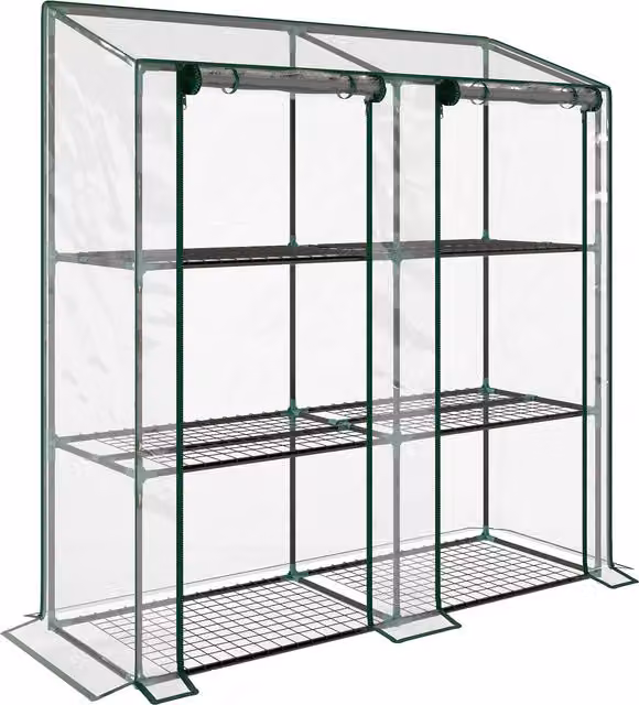Serra da giardino Outsunny trasparente con copertura in PE, 6 mensole e 2 porte avvolgibili, L 143 cm x P 46 cm x H 151 cm