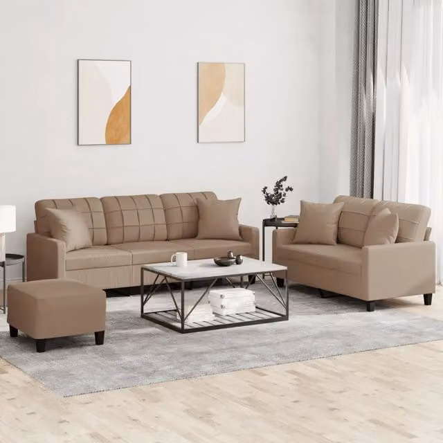 vidaXL Set di Divani 3 pz Moderno in Similpelle con Cuscini e Pouf, Beige e Marrone